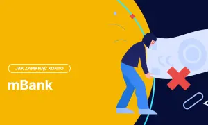 Ilustracja z napisem "Jak zamknąć konto w mBanku". Postać pochyla się nad symbolem przekreślonego konta.