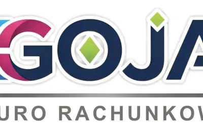 Logo "GOJA BIURO RACHUNKOWE" z kolorowymi literami i zielonym rombem.