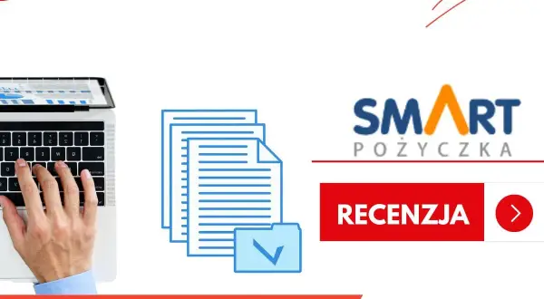 Dłoń na klawiaturze laptopa, ikony dokumentów i logo "SMART POŻYCZKA".