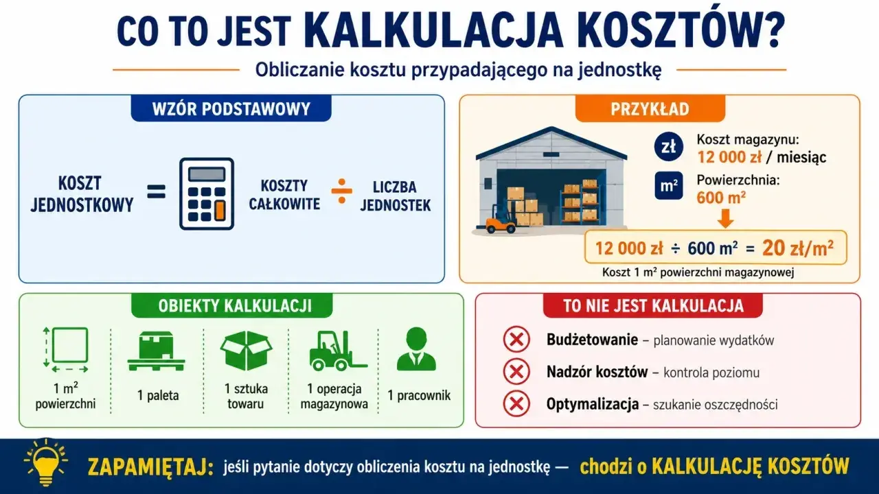 Grafika wyjaśnia kalkulację kosztów w zarządzaniu magazynami. Pokazuje wzór, przykład obliczenia kosztu m² magazynu oraz obiekty kalkulacji.