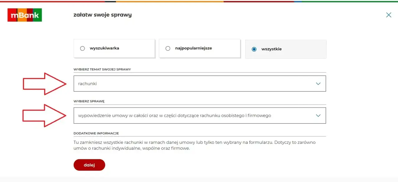 Formularz mBanku do załatwiania spraw. Wybierz 